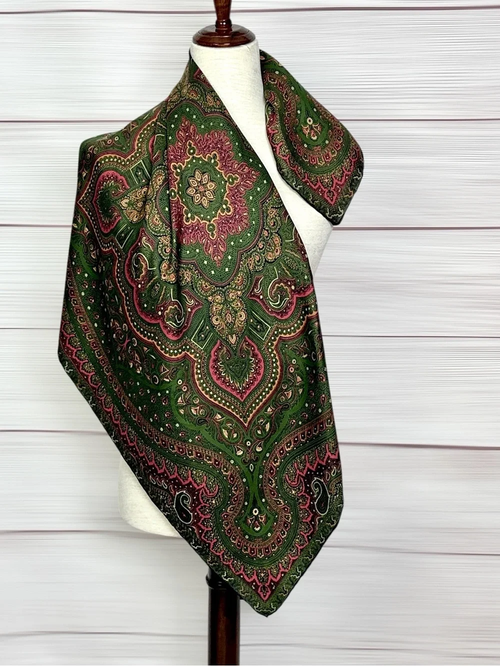 Silk (?) Square Scarf Paisley Medallion Border Print Green Pink Hand Rolled